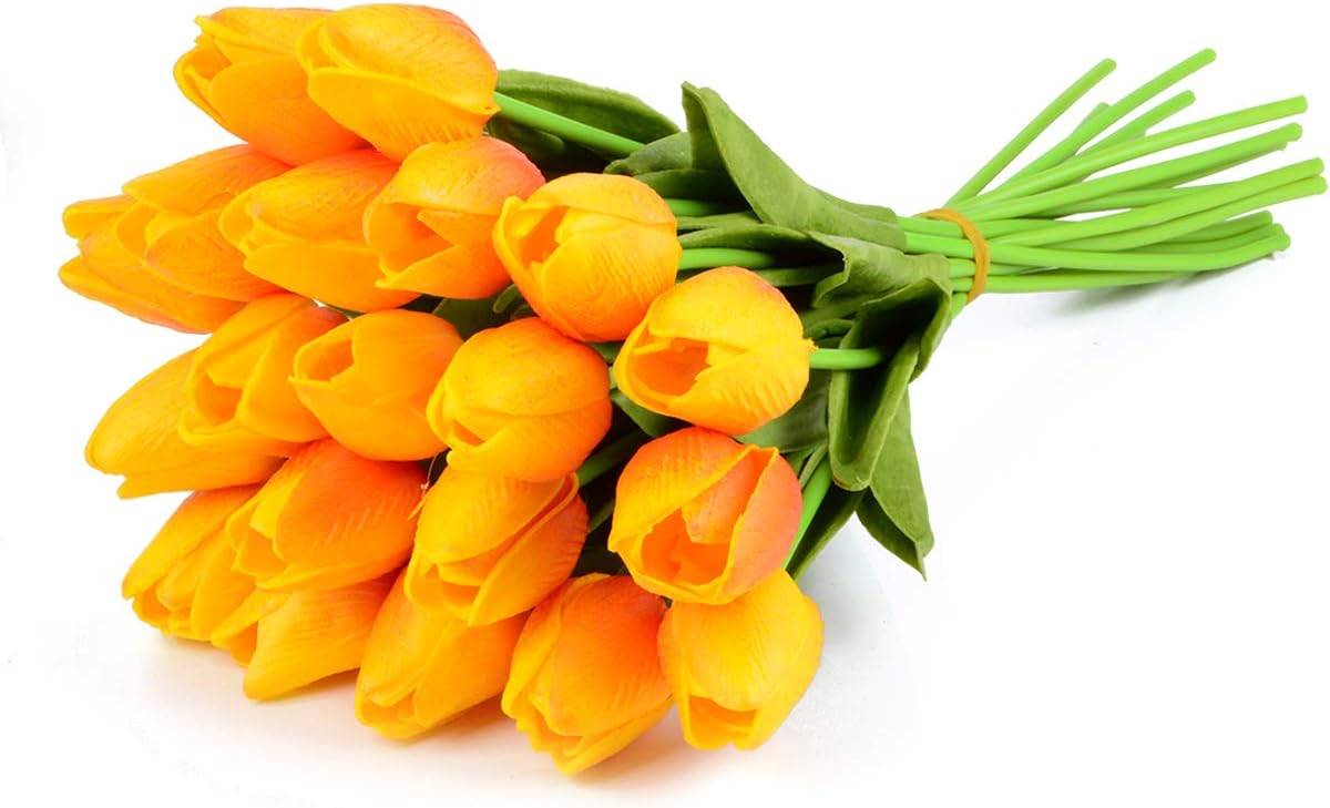 Artificial Tulips Bridal Wedding Festival Decor Bouquet Real Touch PU Flower Bouquet Pack of 20 (Yellow and Red)