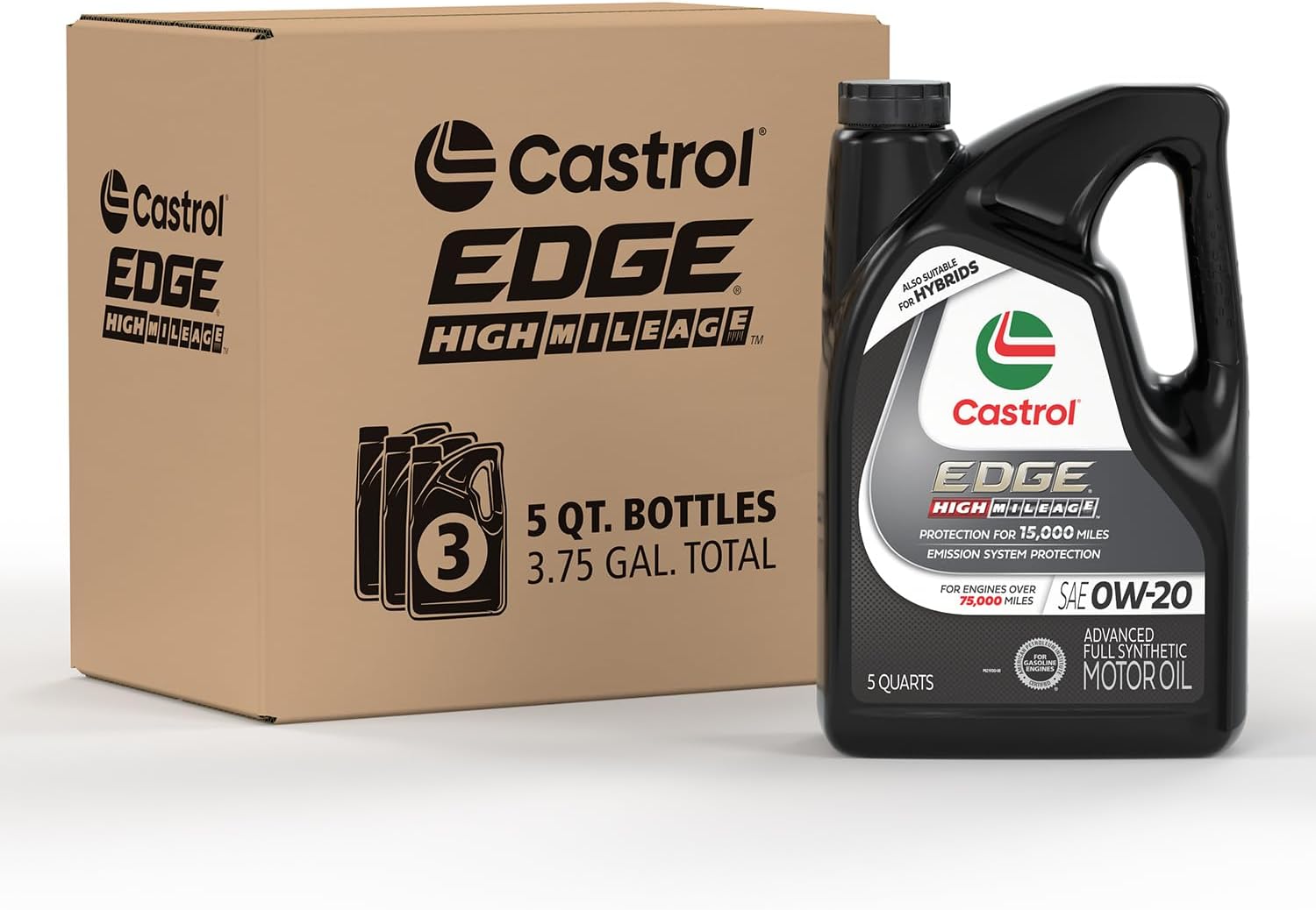 Castrol Edge High Mileage 0W-20 Advanced Full Synthetic Motor Oil, 5 Quart, Pack of 3