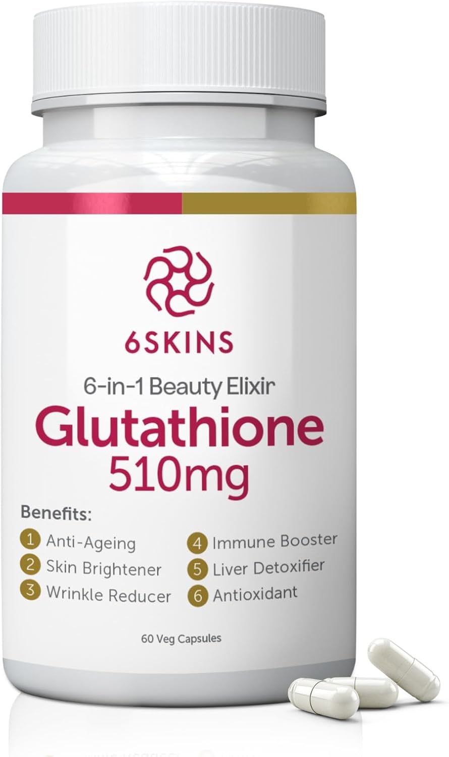 6SKINS® 6in1 Beauty Elixir with L-Glutathione 510mg, NAC 102mg, Hyaluronic Acid 150mg Glutathione Supplement with 4X Absorption - Immune and Liver Support, Powerful Antioxidant for Skin - 60 Capsules