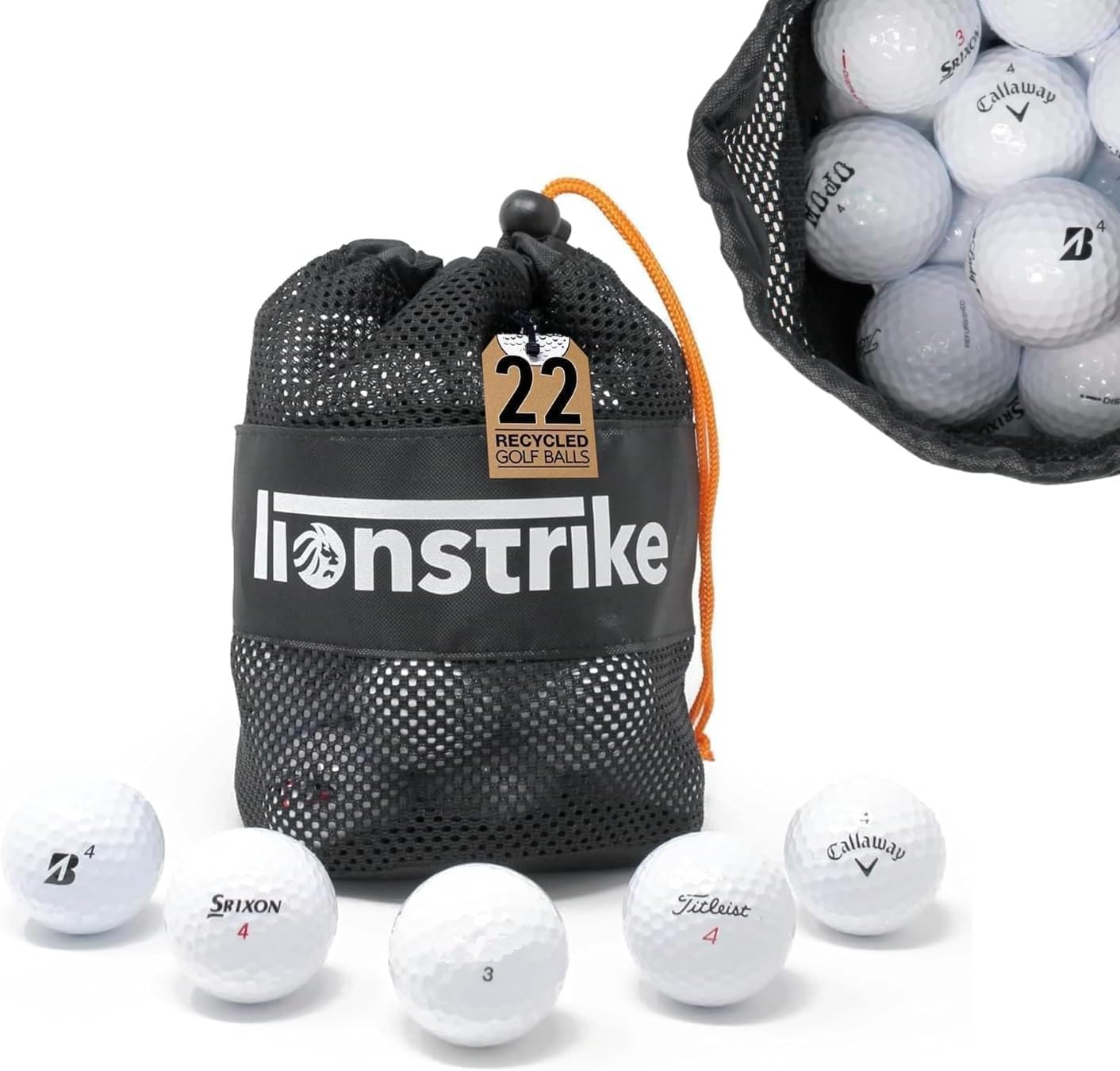 Lionstrike Lake Golf Balls Grade A | 22 Genuine Recycled & Used Golf Balls | Variety of Top-Tier Brands | Lake Balls For All Skill Level | Washed, Cleaned & Packaged in Handy Eco-Friendly Storage Bag
