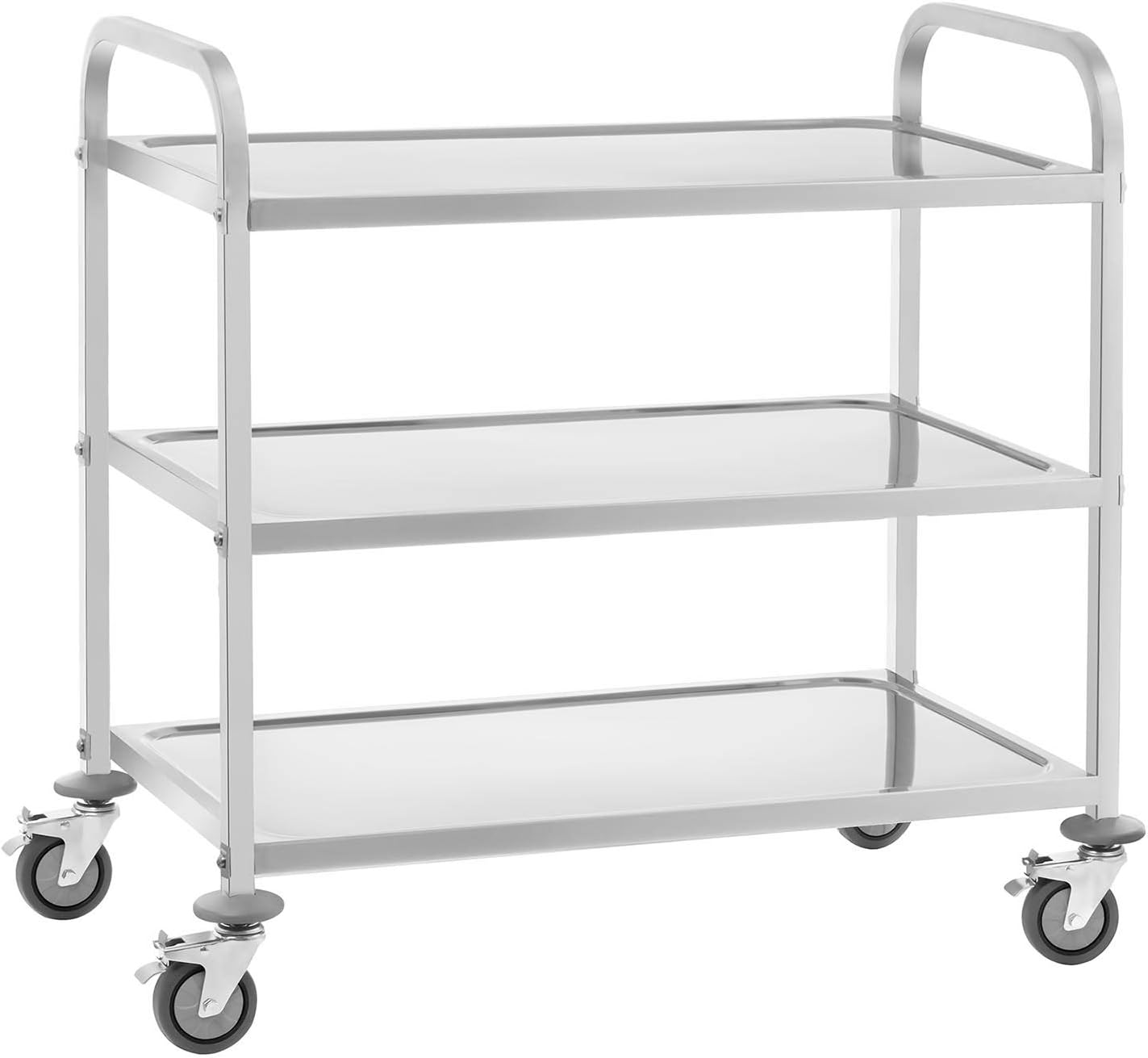 Royal Catering RCSW 3A Serving Trolley Tea Trolley Kitchen Trolley Cart with Wheels (3 Shelves, Load Capacity 150 kg, Tray Spacing 28,3 cm, Ram Protection) Stainless Steel