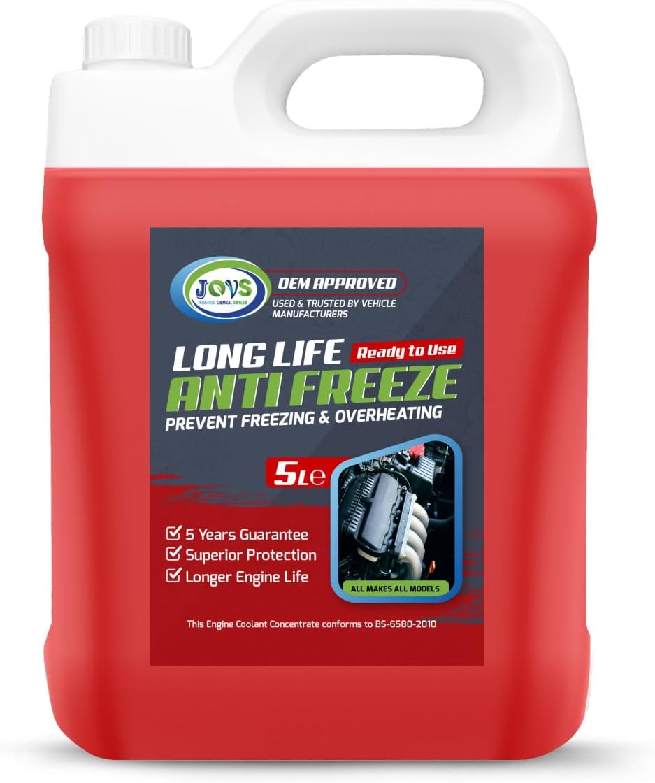 JOVS Antifreeze Engine Coolant Red 5L – All-Year Protection for Your Vehicle from Freezing & Overheating - Suitable for All Cars Frost Prevention Trusted Formula for Peak Engine Performance.