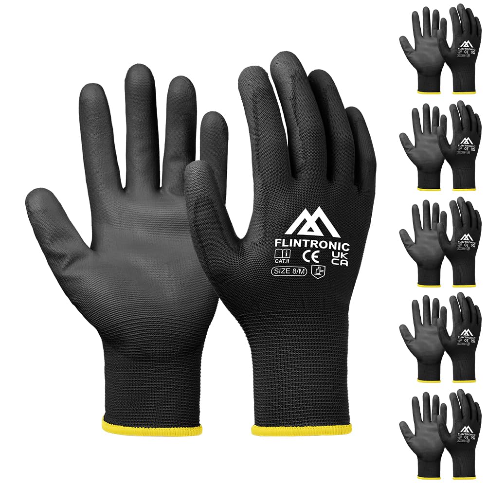 Flintronic 6 Pairs Non-Slip PU Coated Safety Work Gloves, Scratchproof Gardening & General Duty Gloves (Medium - Size 8, Black)