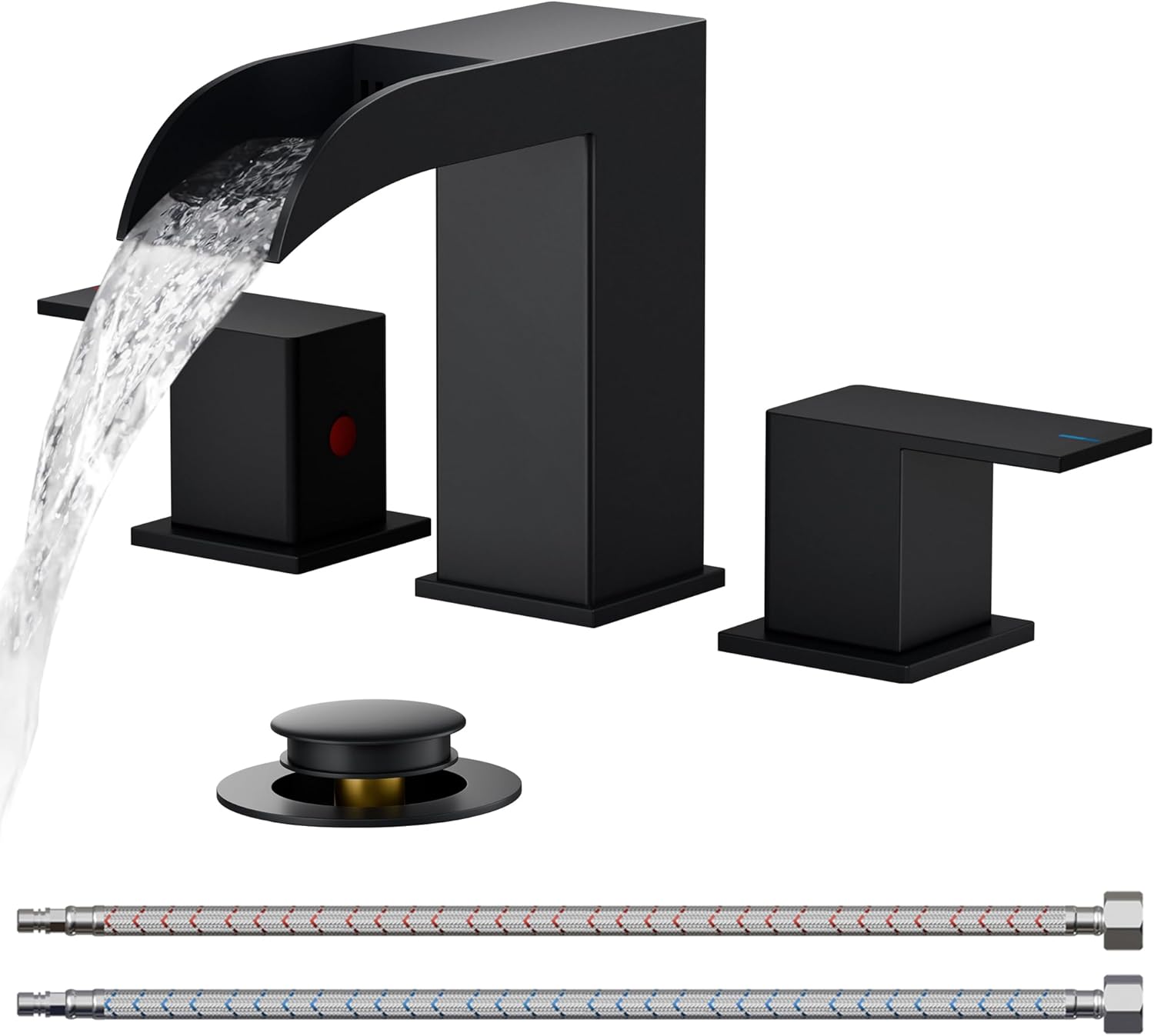 FORIOUS Square Matte Black Bathroom Faucets 3 Hole, 8 Inch Widespread Waterfall Bathroom Sink Faucet with Metal Pop-up Drain and Supply Lines, Two Handles for Vanity, Lavatory, Restroom, Commercial