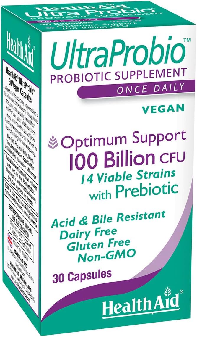 UltraProbio, 100 Billion 30ct Once Daily Capsules, Optimum Support, 100 Billion with Prebiotic, Acid & Bile Resistant, Non-GMO