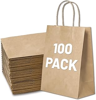 Gift Bags 8.25"X5.9 "X3.15" 100pcs Brown Paper Bags with Handles,Kraft Paper Bags for Small Business Christmas Bulk Bags, Wedding Party Favor Bags,Shopping Lunch Bags, Halloween Trick-or-Treat (Brown)
