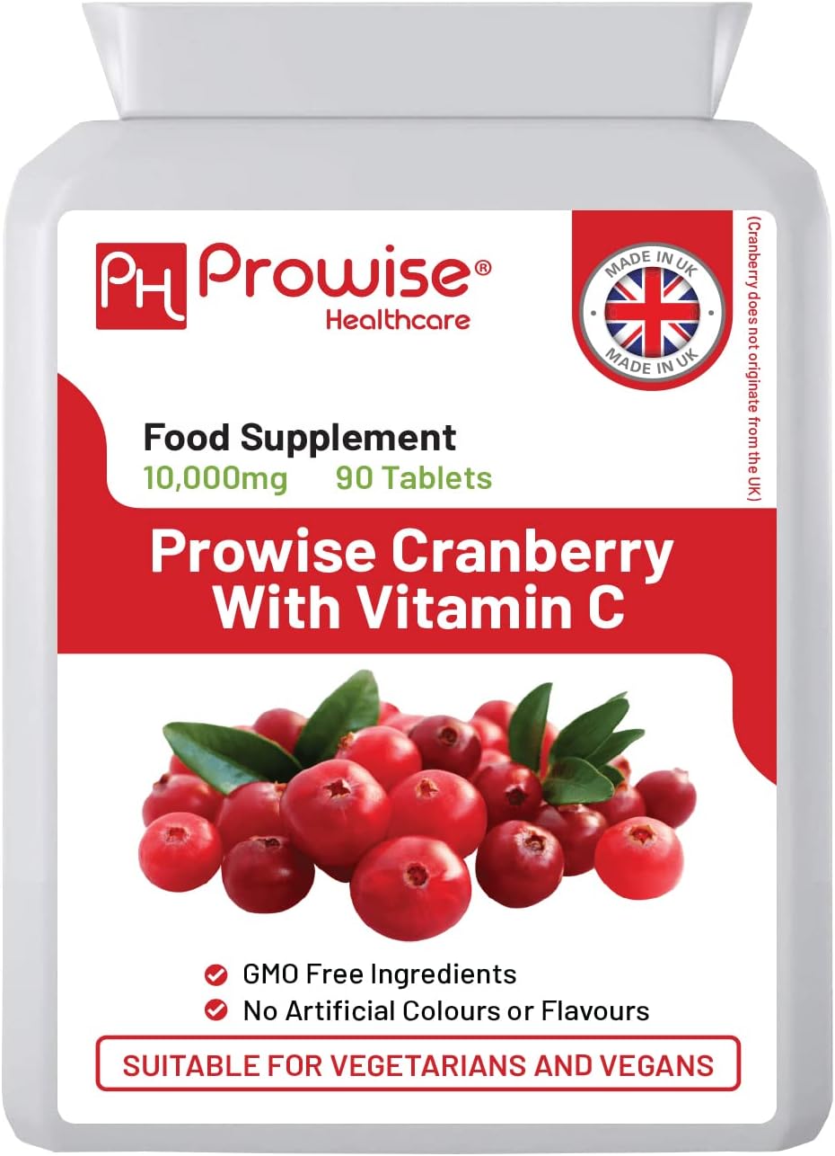 Double Strength Cranberry Tablets 10,000mg I 90 Cranberry Tablets High Strength with Added Vitamin C I Made in The UK by Prowise Healthcare