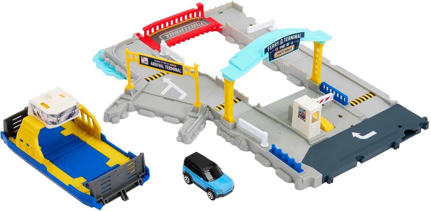 Matchbox HMH29 Ferry Port Set with Detachable Wheeled Ferry, Elements to Activate Manually or with The Help of The Land Rover Car, Children's Toy, from 3 Years Old,