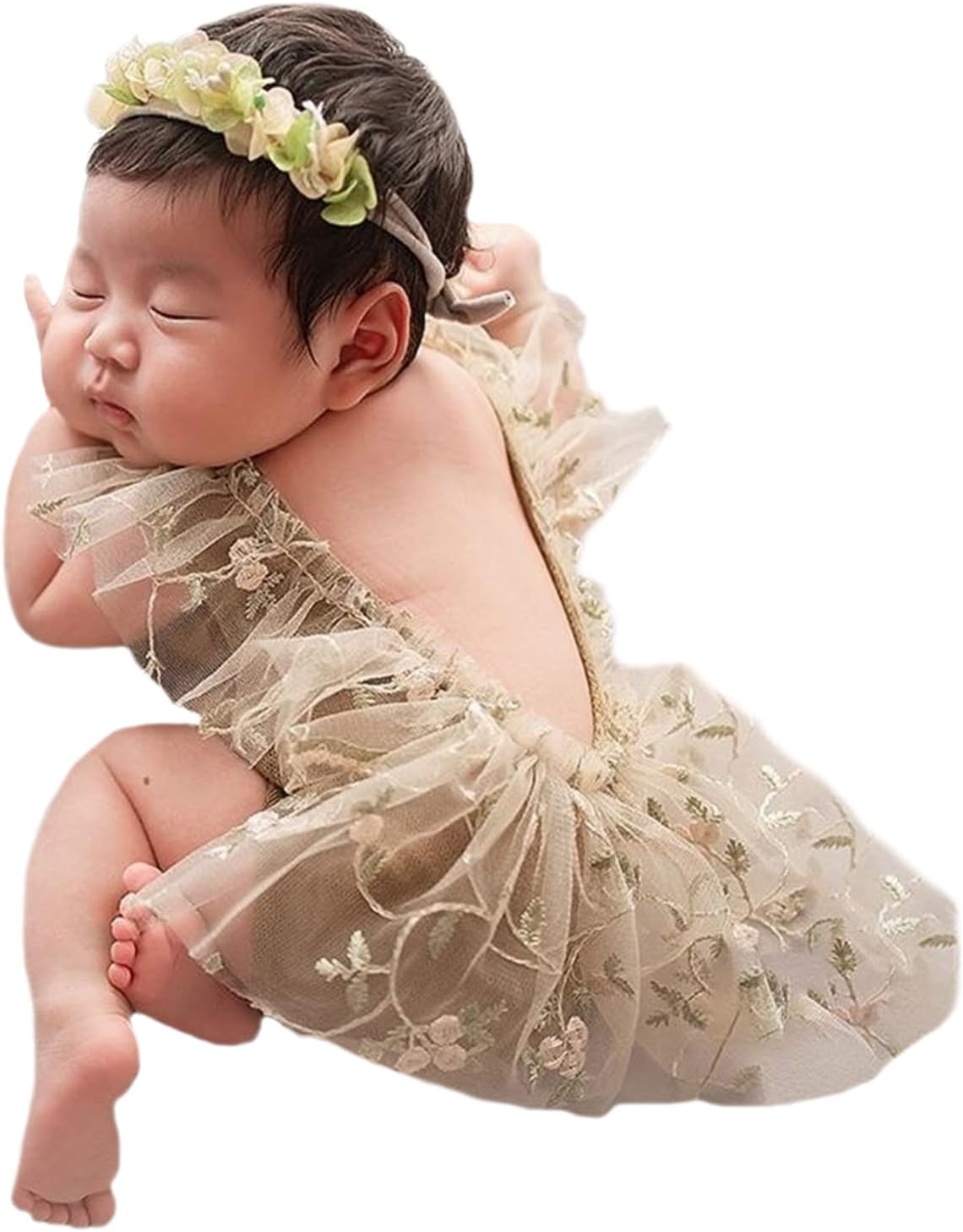 SPOKKI 3 PCS Newborn Photography Props with Baby Lace Rompers Hat Flower Headband Vest Floral Classic Outfits for Girl Princess Twins Birthday Party