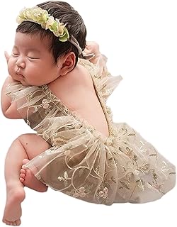 SPOKKI 3 PCS Newborn Photography Props with Baby Lace Rompers Hat Flower Headband Vest Floral Classic Outfits for Girl Princess Twins Birthday Party