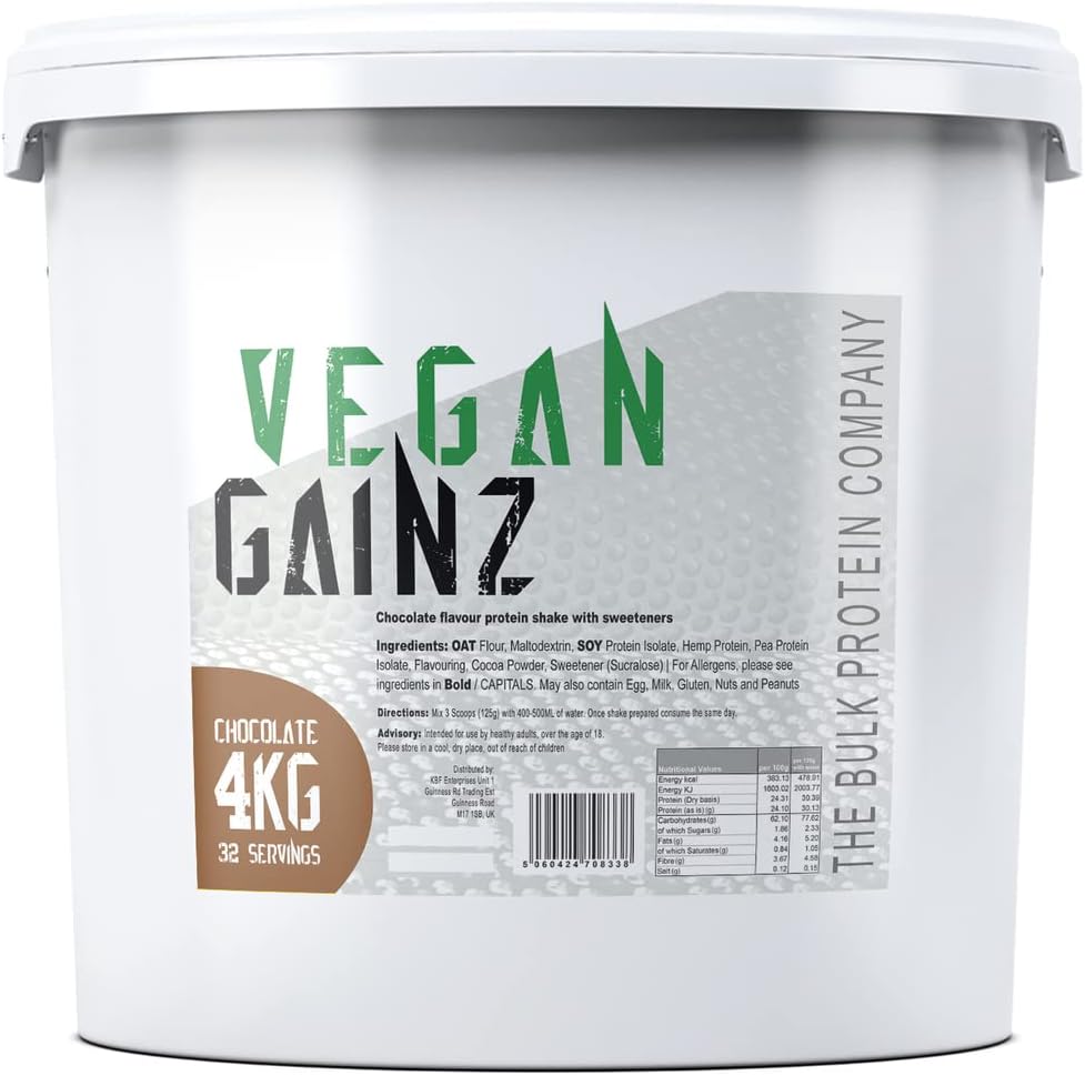 Vegan Gainz 4kg - Plant Based Protein Powder - Weight Gainer- 32 Servings & 30g Protein Per Serving - The Bulk Protein Company (Chocolate)