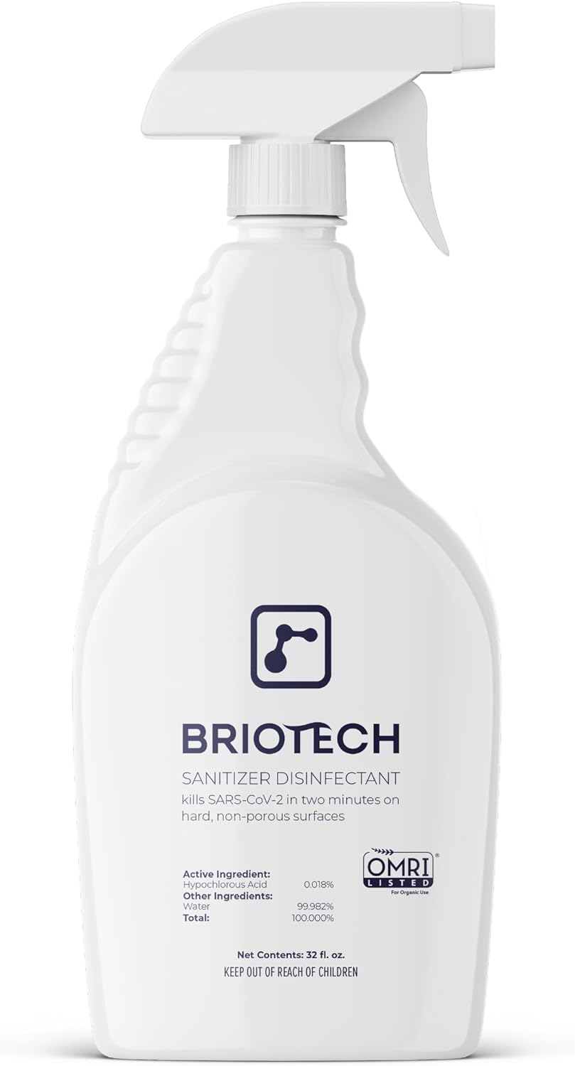 BRIOTECH Sanitizer Disinfectant Hypochlorous Spray, Kills 99.99% of Viruses & Bacteria, Eliminate Odor, Gentle for Nurseries & Play Rooms, Rinse Free Food Contact Surface Sanitizer, 32 fl oz