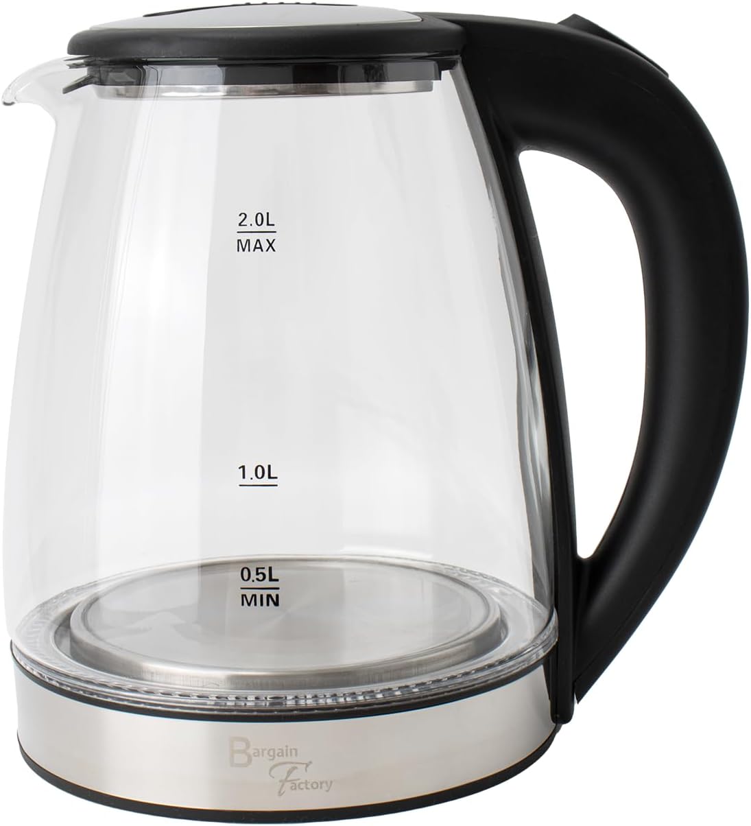 Bargain Factory Electric Kettle Glass 2L – 1800W Fast Boil, BPA-Free, Quiet Boil, Blue LED, No Plastic, Boil-Dry Protection, Black Electric Glass Kettle