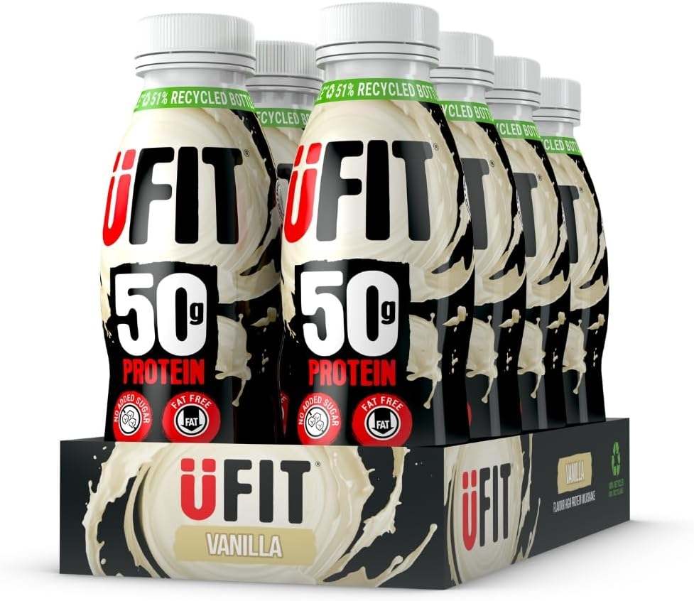 UFIT High 50g Protein Shake - Vanilla Flavour - No Added Sugar - Low in Fat - Ready to Drink - Pack of 8 x 500 ml (Packaging May Vary)