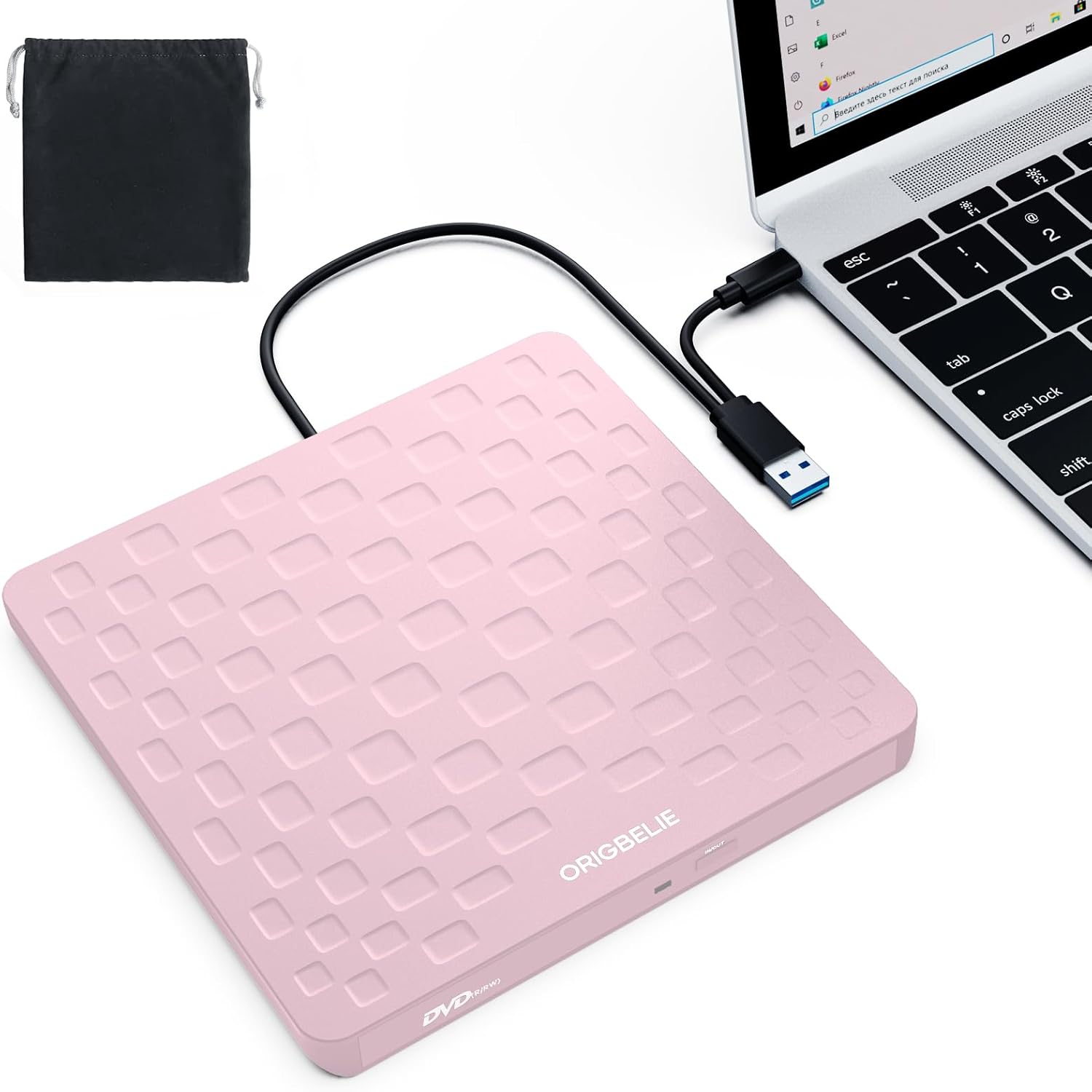 External CD DVD Drive for Laptop, USB 3.0 Type-C Ultra Slim 13mm DVD Player Portable CD DVD +/-RW Drive CD Burner Reader Writer Recorder for Desktop PC Windows 11/10/8/7 Linux Mac OS (Pink)
