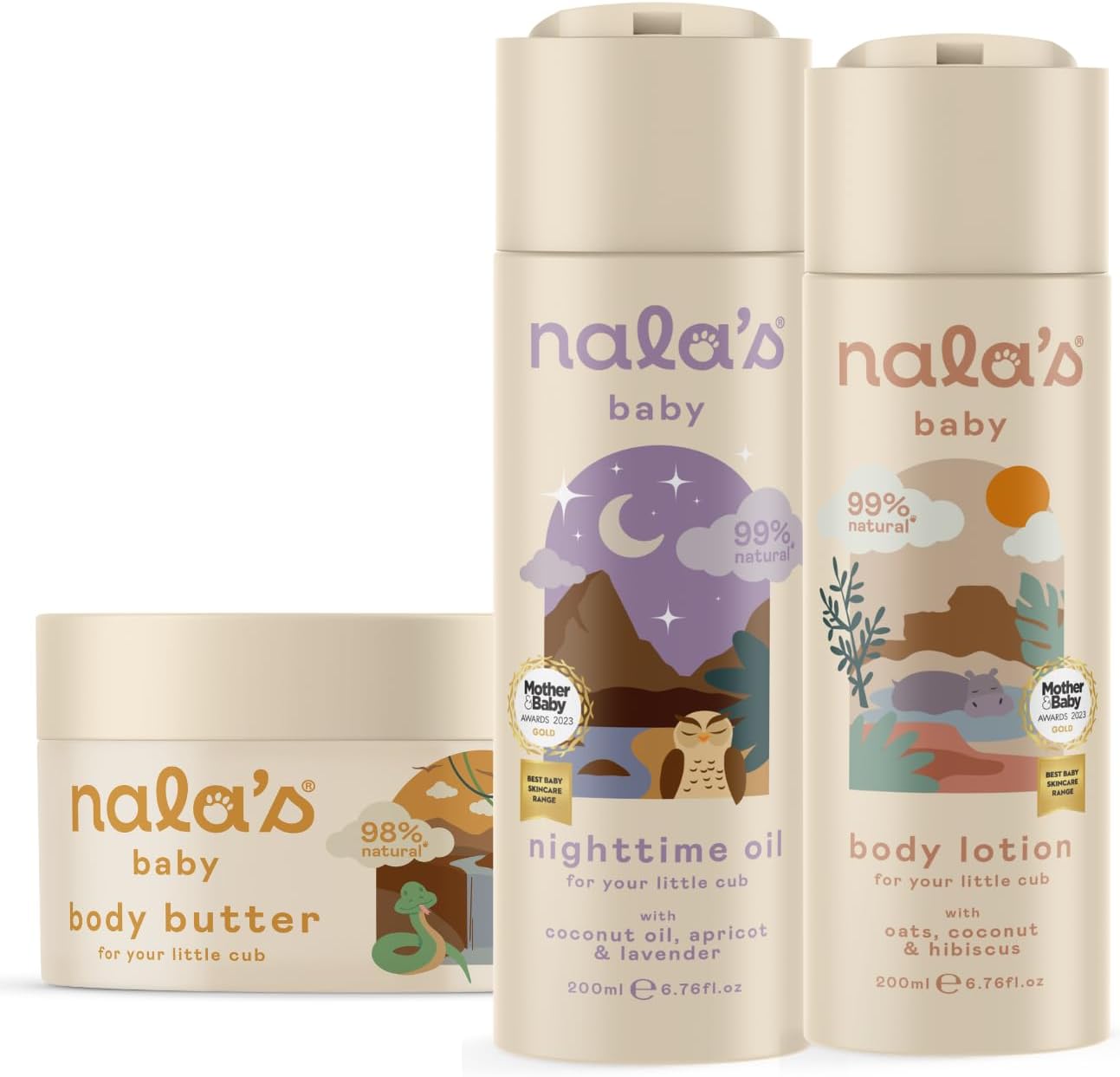 Nala's Baby Skin Bundle | Body Butter, Body Lotion, Nighttime Oil | Award-winning | Dermatologically-tested and Paediatrician-approved | Tear-Free | Soothing Oat and Shea Butter | Vegan | Nalas Baby