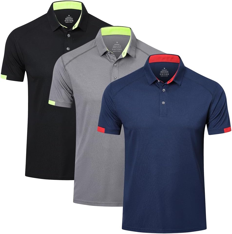 HUAKANG 3 Pack Mens Polo Shirts Short Sleeve Breathable Quick Dry Golf Top Running Sports Tee Top Gym Workout Polo T Shirts