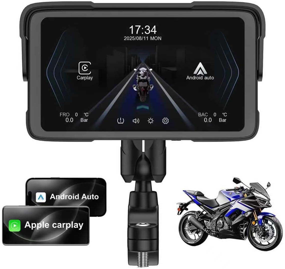 5-Inch HD Motorcycle CarPlay, Motorcycle GPS Navigation System with Apple Carplay and Android Auto, Support Tire Pressure Settings, Bluetooth, Voice Control, Navigation, IP67 Waterproof