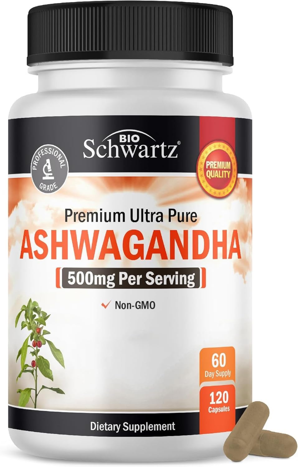 BioSchwartz Ashwagandha Supplements - Extra Strength Ashwagandha Capsules 500mg Per Serving - Gluten Free, Non-GMO, Made in The USA with Globally Sourced Ingredients, 60 Servings (120 Count)