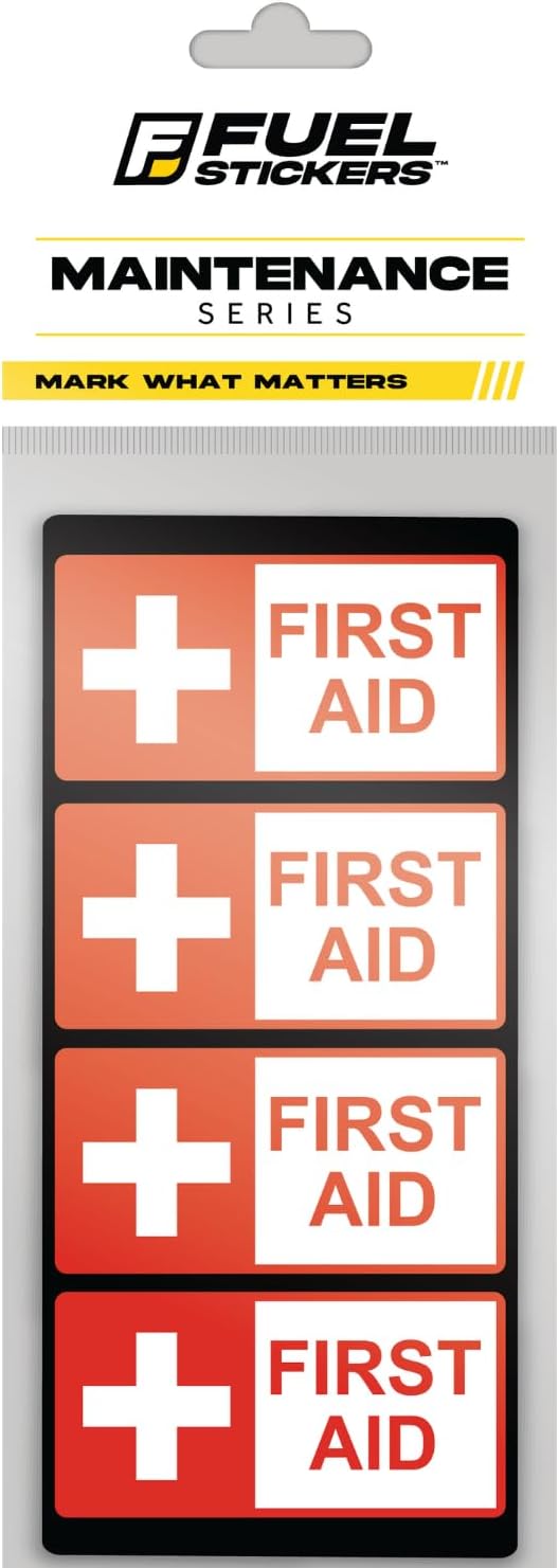 First Aid Stickers (Small) | Modern Waterproof Labels for Offices, Businesses, & Homes | Minimalist Design, Durable & Easy-to-Apply | USA Made (2x1 Inch, 4-Pack)