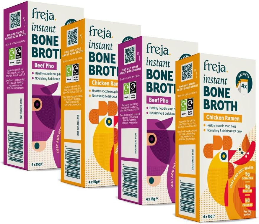 Freja Instant Pho & Ramen Bone Broth | Limited Edition | Chicken Ramen and Beef Pho | 100% Natural | Rich in Collagen, Protein & Amino Acids | Dairy & Gluten Free, 4 boxes (4 x 15g Sachets Per Box)