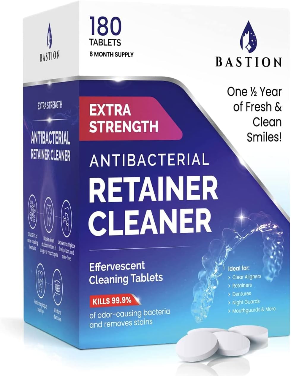 Retainer Cleaner & Denture Cleanser - 180 Effervescent Tablets - 6 Month Supply - Removes Stains, Discoloration, Odors, & Plaque - Clear Aligners, Mouth & Night Guard, All Dental/Oral Appliances