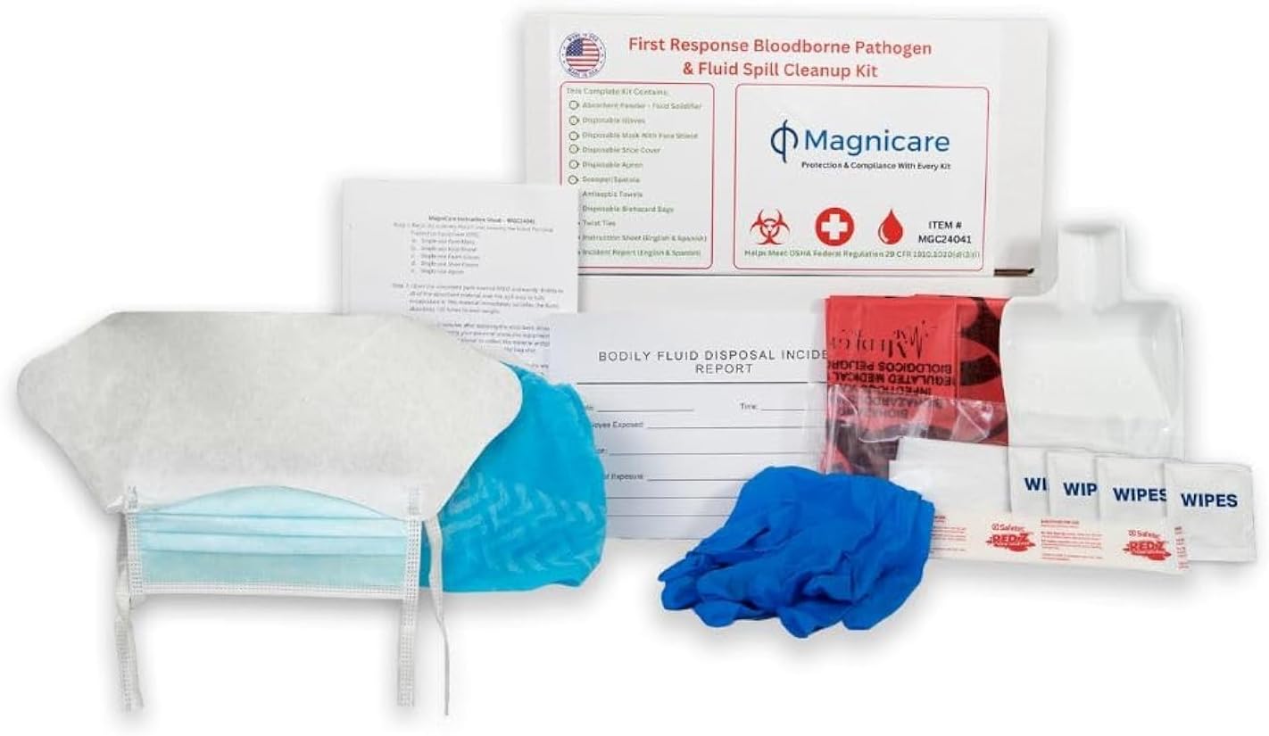 First Response Spill Kit in A Bag - Be OSHA Compliant | Bloodborne Pathogen & Vomit Cleanup Kit: Comprehensive Spill Response for Bodily Fluids, Ideal for Schools, Restaurants, clinics.