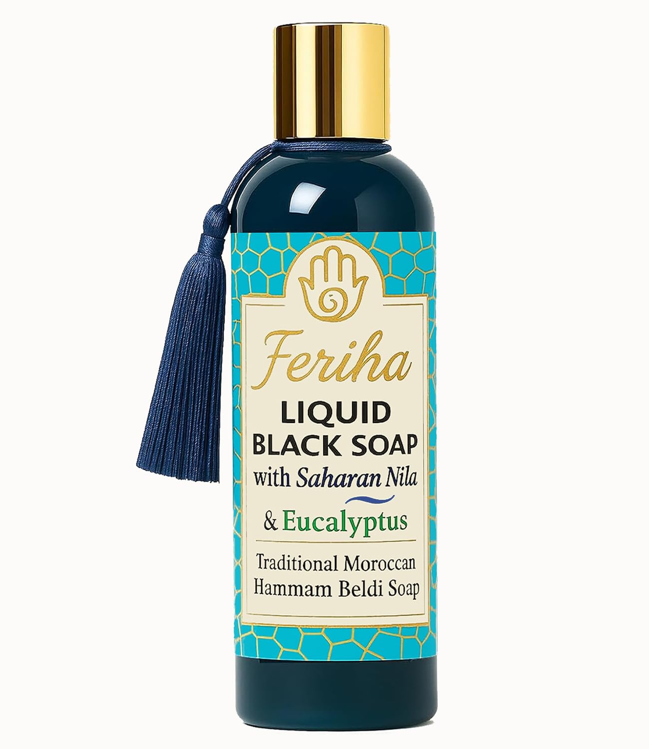 FERIHA Moroccan Liquid Black Soap with Saharan Nila and Eucalyptus – Traditional Hammam Beldi Exfoliating Body Cleanser – Natural Olive Oil-Based Formula for Smooth, Refreshed Skin and Deep Cleansing