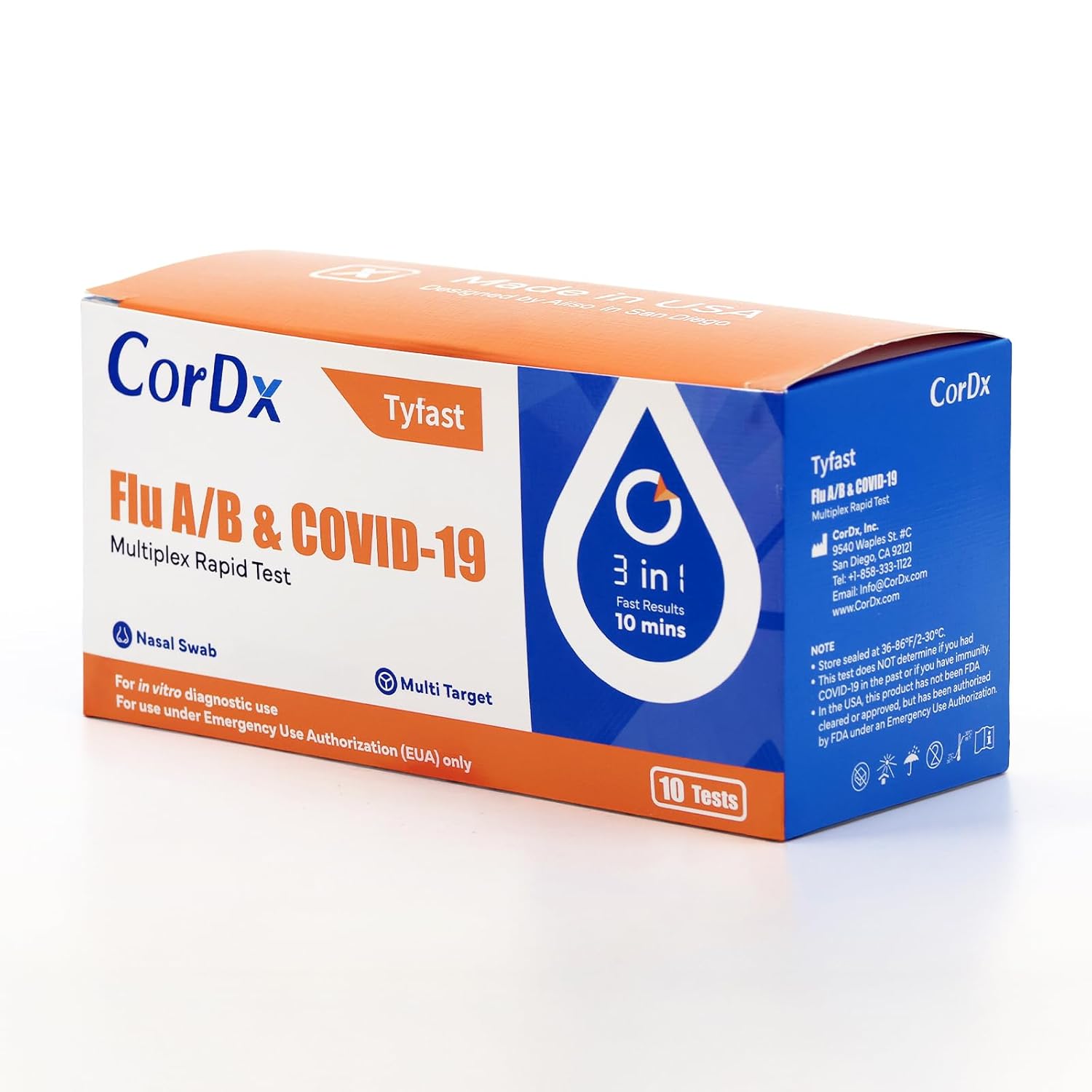 CorDx Tyfast at Home Flu A/B and COVID 19 Rapid Test Kit, Easy, Accurate, Fast Results in 10 Minutes, (10-Pack)