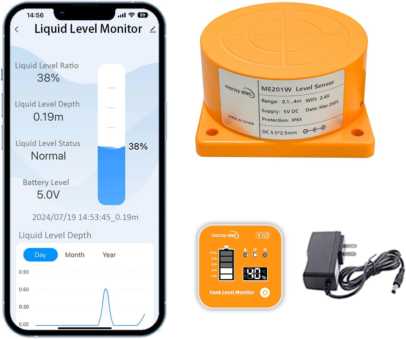 Moray ME201R Tuya Smart Life APP IP65 Wireless WiFi Ultrasonic LED Temperature Indicator Time Fuel Display Wireless Water Tank Level Sensor Gauge Liquid Level Controller