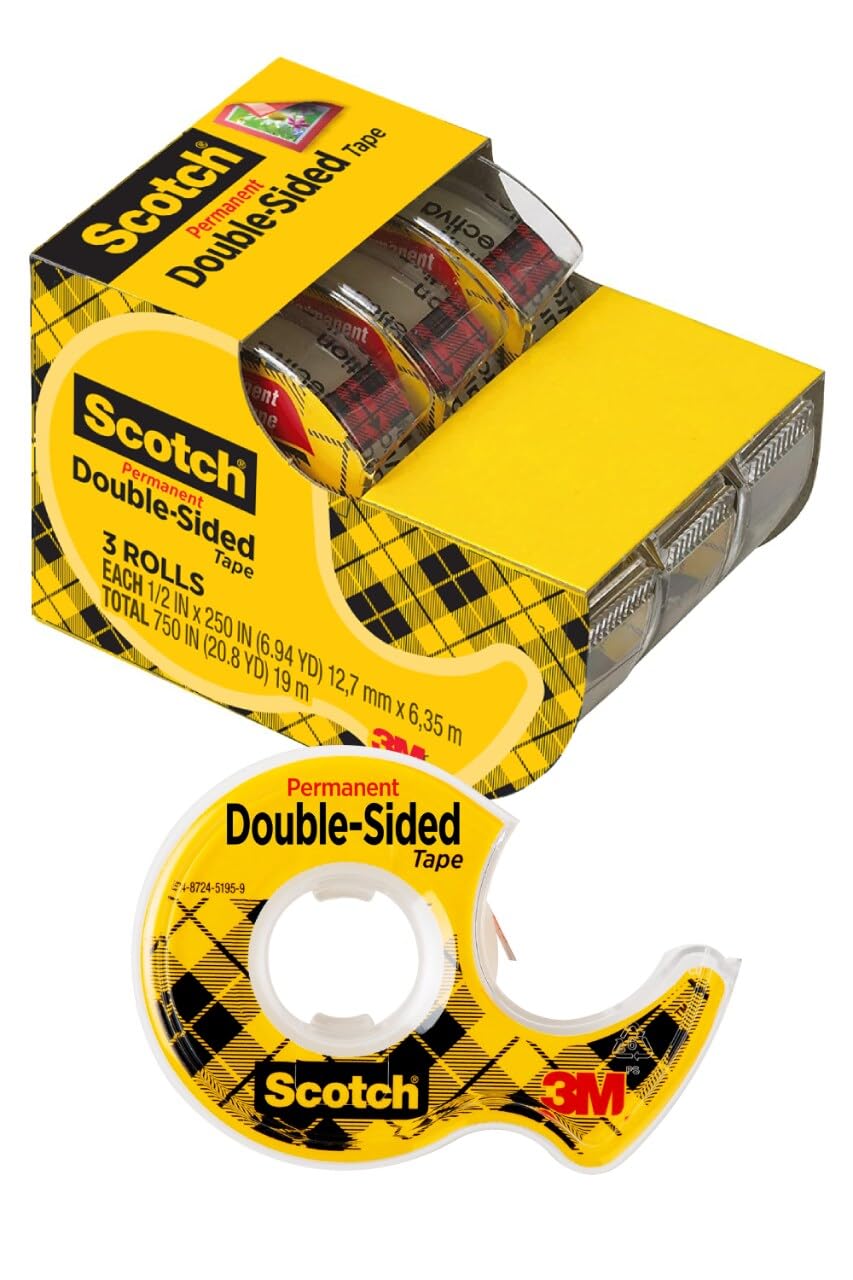 Scotch® Double-Sided Tape, 1/2 in x 250 in (12.7 mm x 6.35 m), 3 Pack