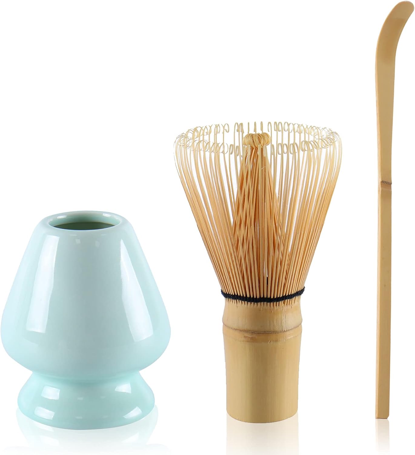 Matcha Tea Set Bamboo Matcha Whisk, Ceramic Whisk Holder, Tea Scoop, Japanese Matcha Tea Tool Kit Set of 3 Green
