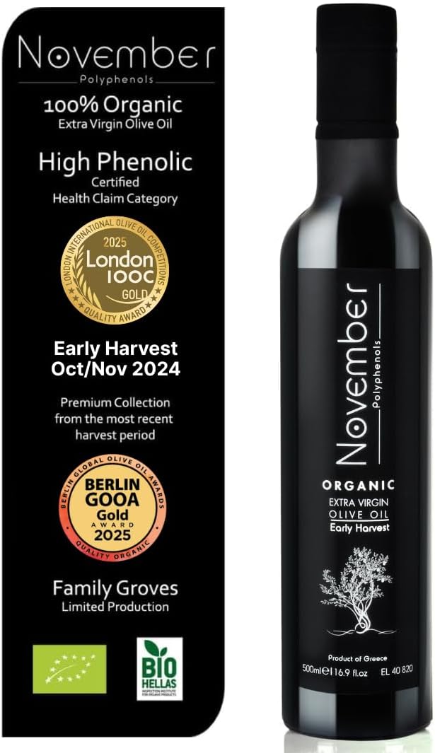 November Polyphenols High Phenolic Organic Olive Oil – Early Harvest EVOO – Lab Certified 1073mg/kg Polyphenol-packed – Cold Pressed Extra Virgin – Greek – 500ml Bottle