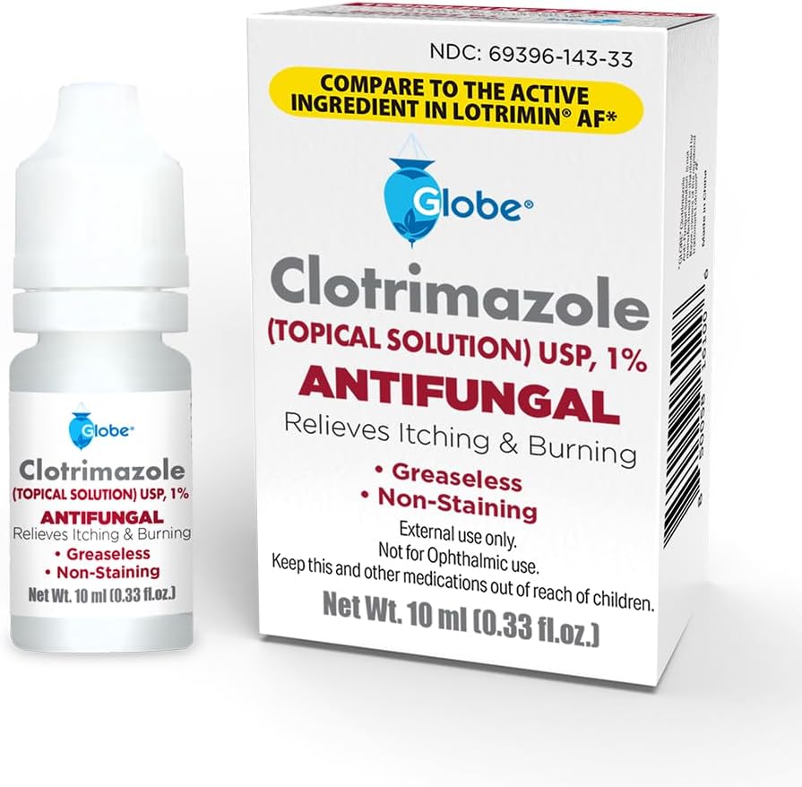 Globe 1% Topical Clotrimazole Solution 10ml Bottle (0.33 Fluid Ounce Liquid) for Athlete’s Foot, Jock Itch, Ringworm Fast-Acting Relief- Extra Strength Formula for Itching,Irritation & Skin Protection