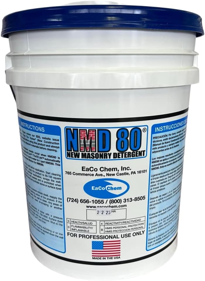 EaCo Chem NMD 80 - The #1 New Masonry Detergent - Powerful Safe & Effective - Remove Efflorescence and Mortar Smears From Brick, Stone, Limestone, Unpolished Granite, Precast, Concrete + More! - 5 GALLON