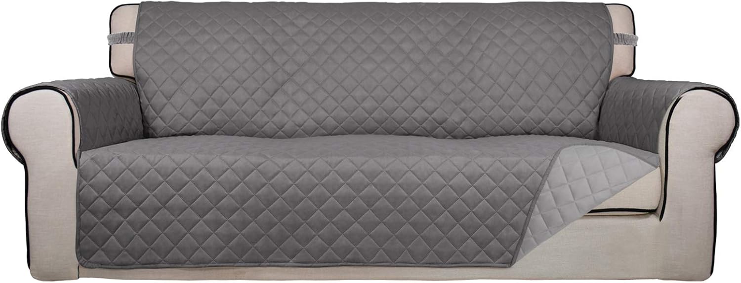 PureFit Reversible Quilted Sofa Cover, Water Resistant Slipcover Furniture Protector, Washable Couch Cover with Non Slip and Elastic Straps for Kids, Dogs, Pets (Sofa, Gray/Light Gray)