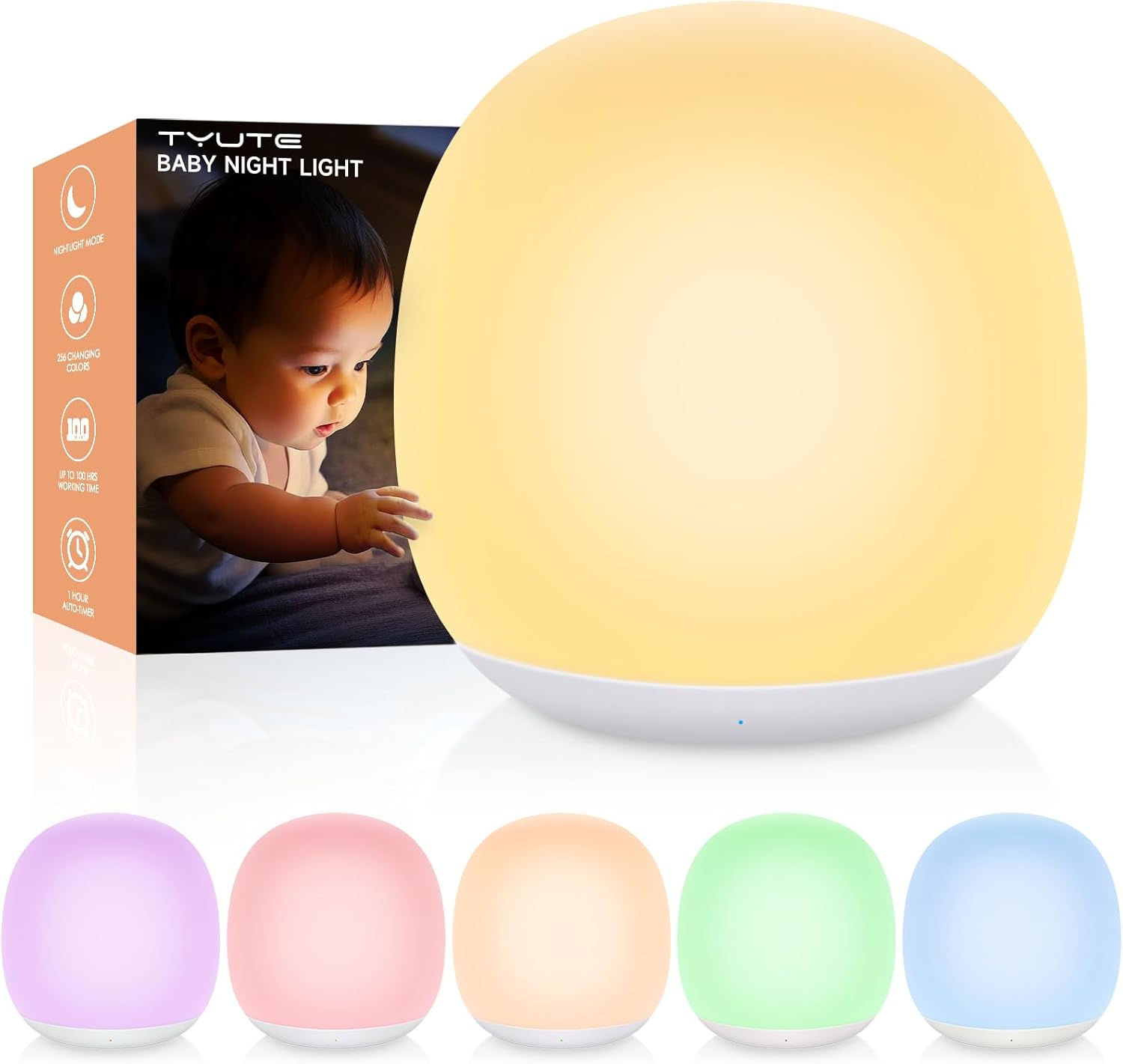 Tyute LED Night Light, Baby Night Light for Kids, USB Rechargeable Table Lamp with Touch Control, Warm White & 7 RGB Colors, Portable Dimmable Night Lamp for Bedroom, Nursery, Camping