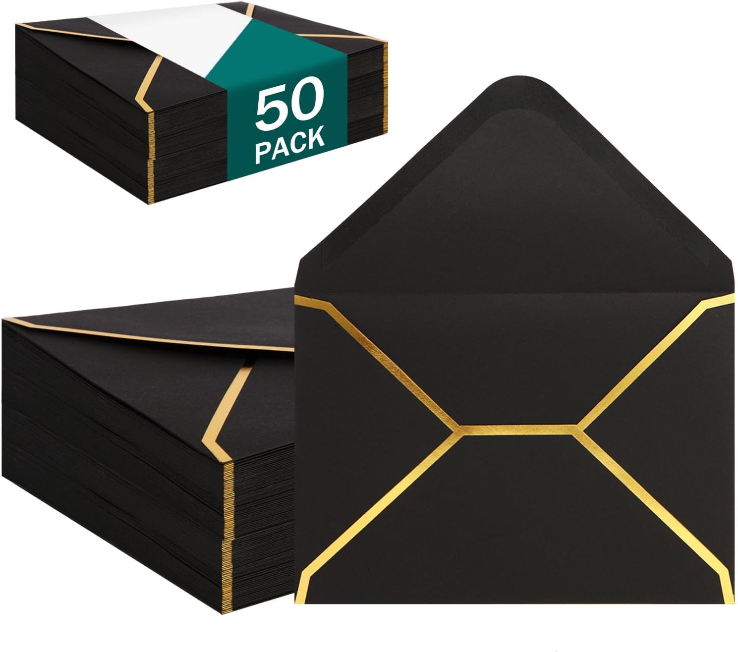 (50 Pack 5x7 Inch) Black Envelopes for Invitations with Gold Border, Self Adhesive A7 Envelopes with V-Flap, Great for Graduation, Invitation, Baby Shower, Wedding and RSVP Cards