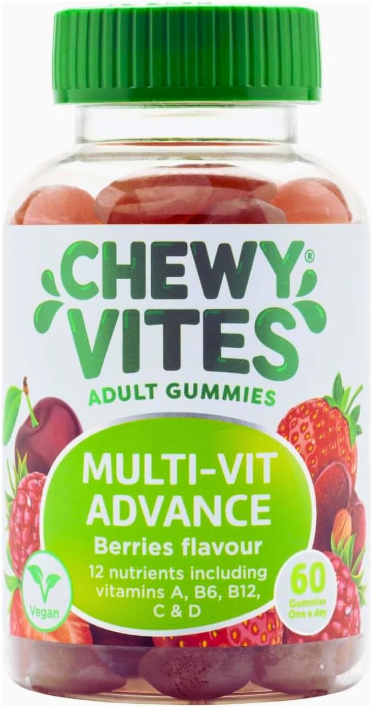 Chewy Vites Adult Multivitamin Advance, 60 Multivitamin Gummies, 12 Essential Nutrients, 2 Months Supply, Real Fruit Juice, Vegan, Berries Flavour