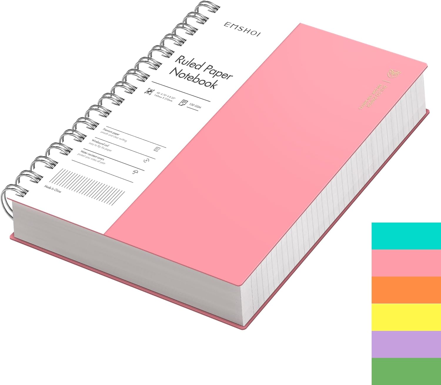 EMSHOI A5 Notebook Lined 300 Pages/150 Sheets, Wirebound Spiral Notepad Multi-Coloured, 100gsm Thick Paper, Waterproof Hardcover, Writing Journal for Women Men Work Office School, 14.5 x 21cm, Pink