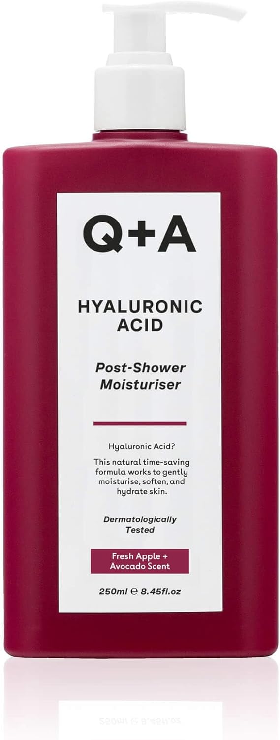 Q+A Hyaluronic Acid Post Shower Moisturiser (250ml), Wet-Skin Body Lotion with Avocado & Hazelnut Oils, Prebiotic Hydration, Locks In Moisture Quickly, Non-Greasy, Dry Skin Moisturiser