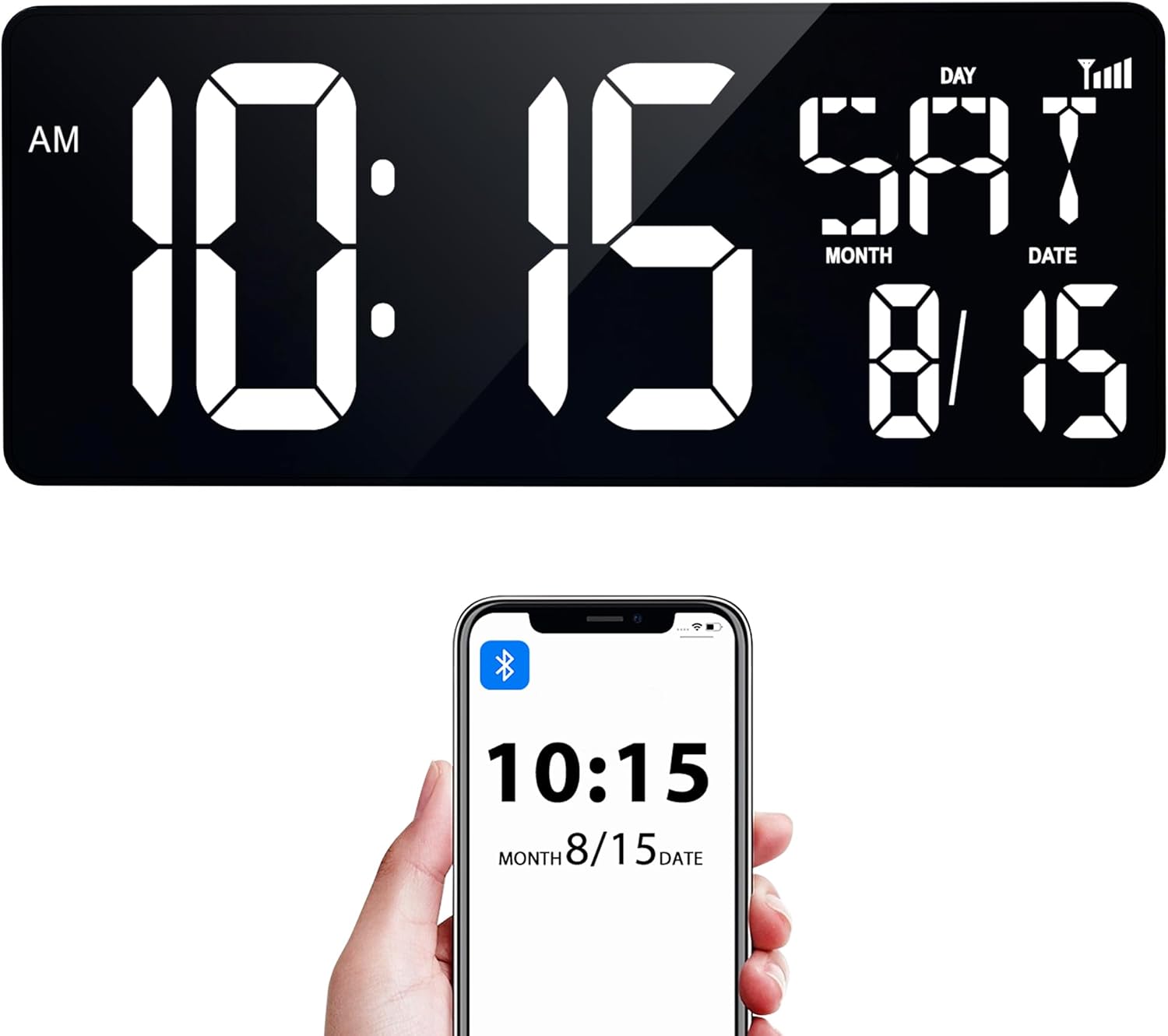 XREXS 17.2" Digital Wall Clock with Remote Control, Bluetooth Sync Time LED Digital Clock for Living Room Decor, Auto DST, Temperature for Living Room, Gift for Elderly and Teens