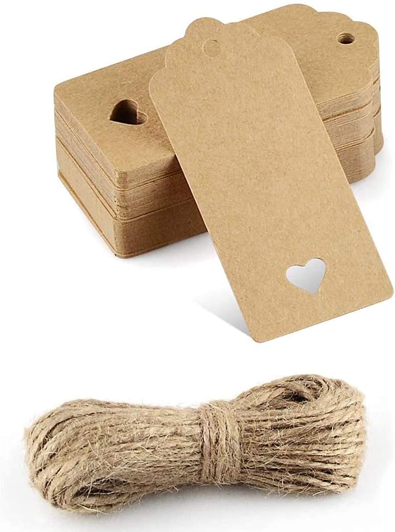 Kraft Paper Gift Tags - 50PCS Brown Heart Wedding Favour Name Tags with Jute Twine String