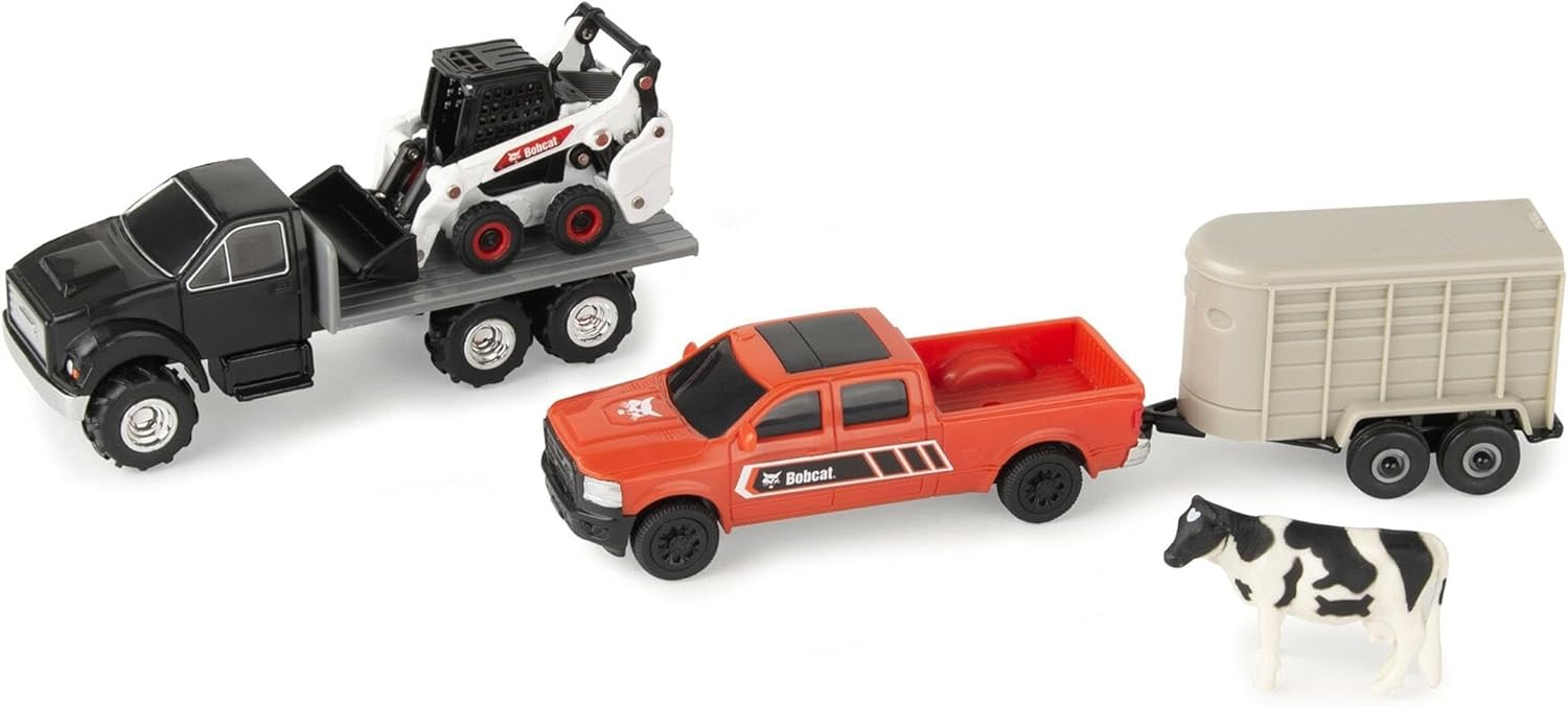 Agriculture 1/64 Bobcat 5 Piece Construction Set with Rollback, Livestock Trailer, Cow & Skid Loader 16503