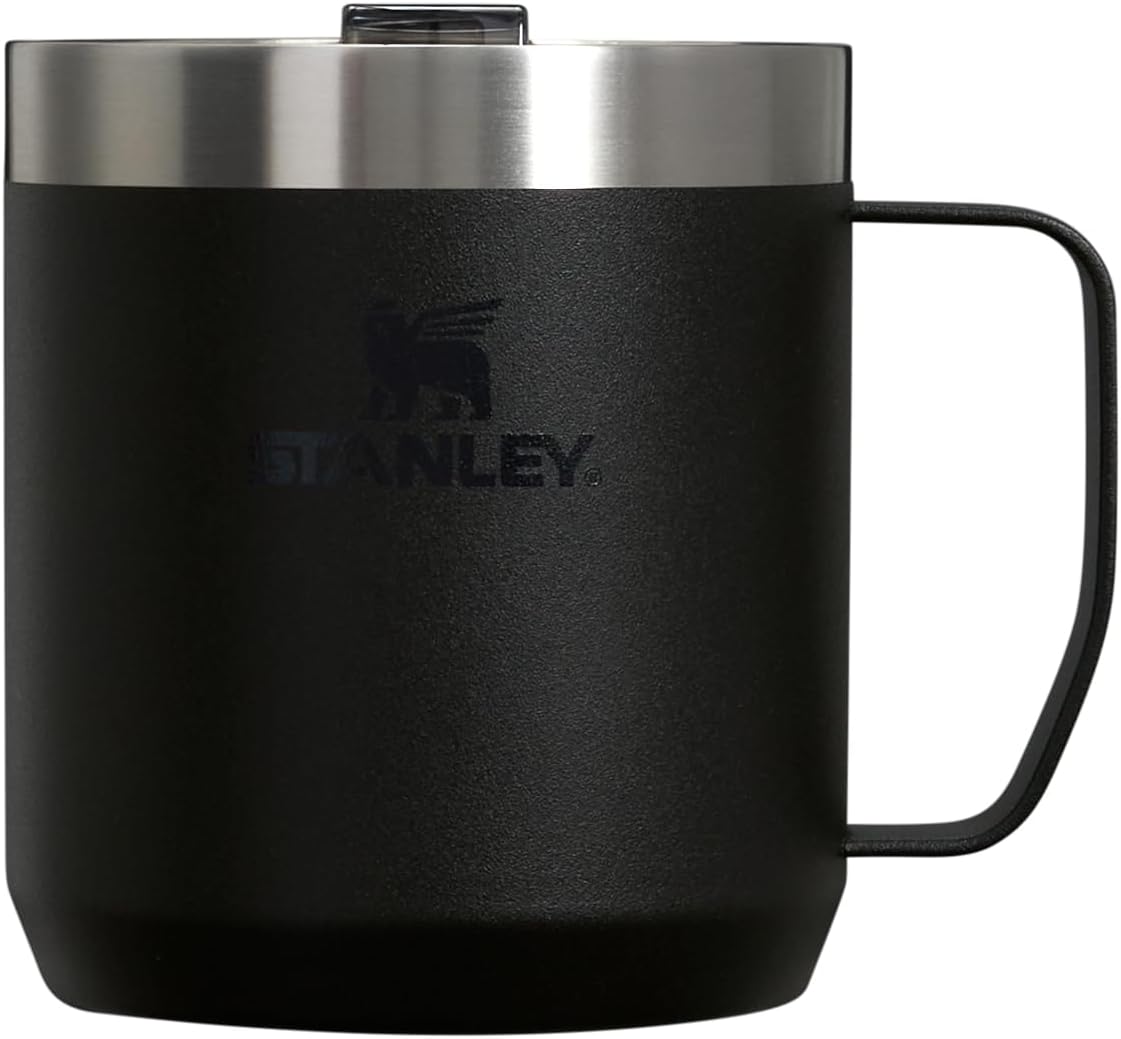 Stanley Stay-Hot Camp Mug 12 oz | Press Fit Drink Through Lid | Cup for Coffee, Tea and Drinks | Insulated Stainless Steel Coffee Mug | BPA-Free | Black 2.0