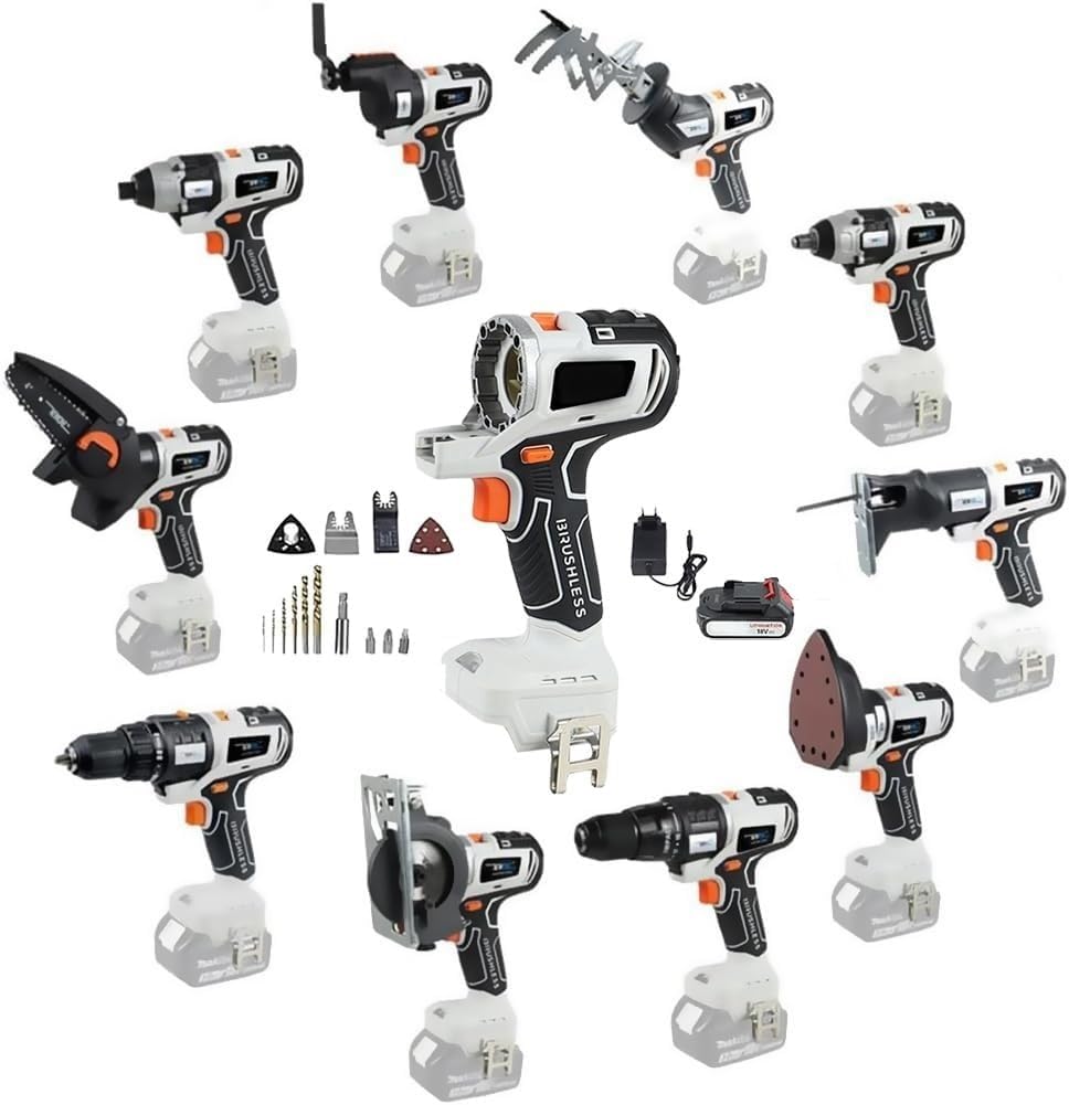 Cordless Power Tool Combo Kit, 10 in 1 Woodworking Tool Set with 4.0AH Battery, Recip Saw Jig saw Circular Saw Chainsaw Oscillating Tool Screwdriver Wrench Impact Drill Sander