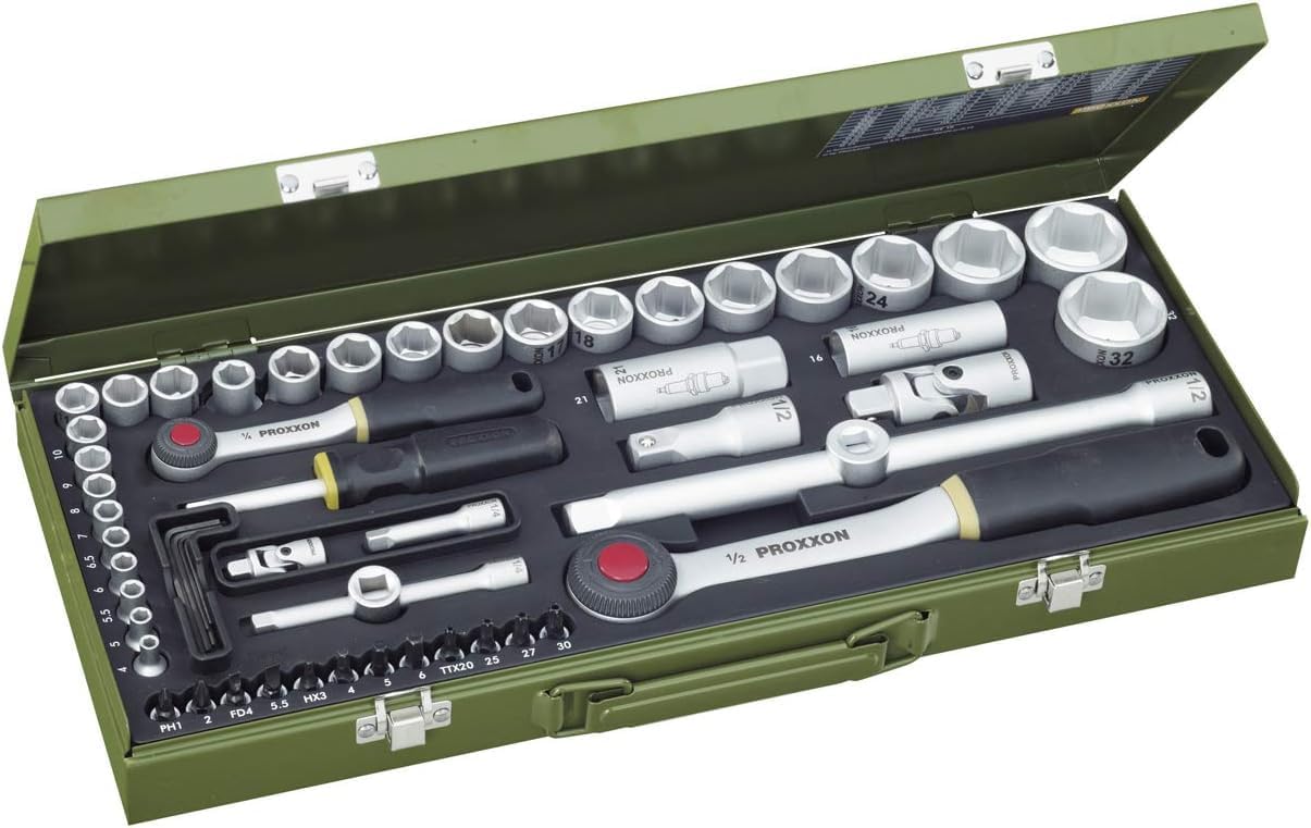 Proxxon 23040 Socket Set, 0 V, Multi-Colour, 1/4-1/2-Inch, Set of 56 Piece