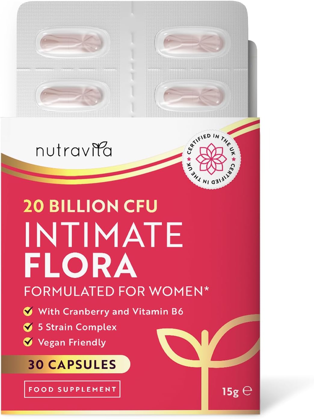 Probiotics for Women - Formulated Bio Cultures for Women’s Intimate Flora - 20 Billion CFU with 5 Live Strains and Vitamin B6 and Cranberry to Support Female Health - 30 Capsules - Nutravita