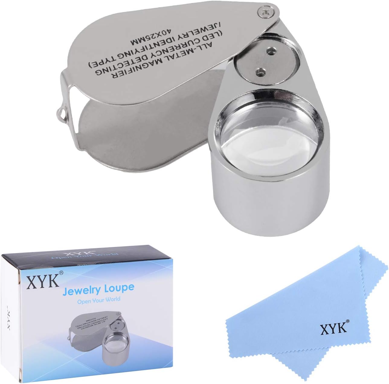 40X Full Metal Illuminated Jewellery Magnifier,XYK Folding Scientific Document Magnifying Glass Jewellers Lens Eye Loupe with LED and UV Light(LED Currency Detecting/Jewelry Identifying Type)