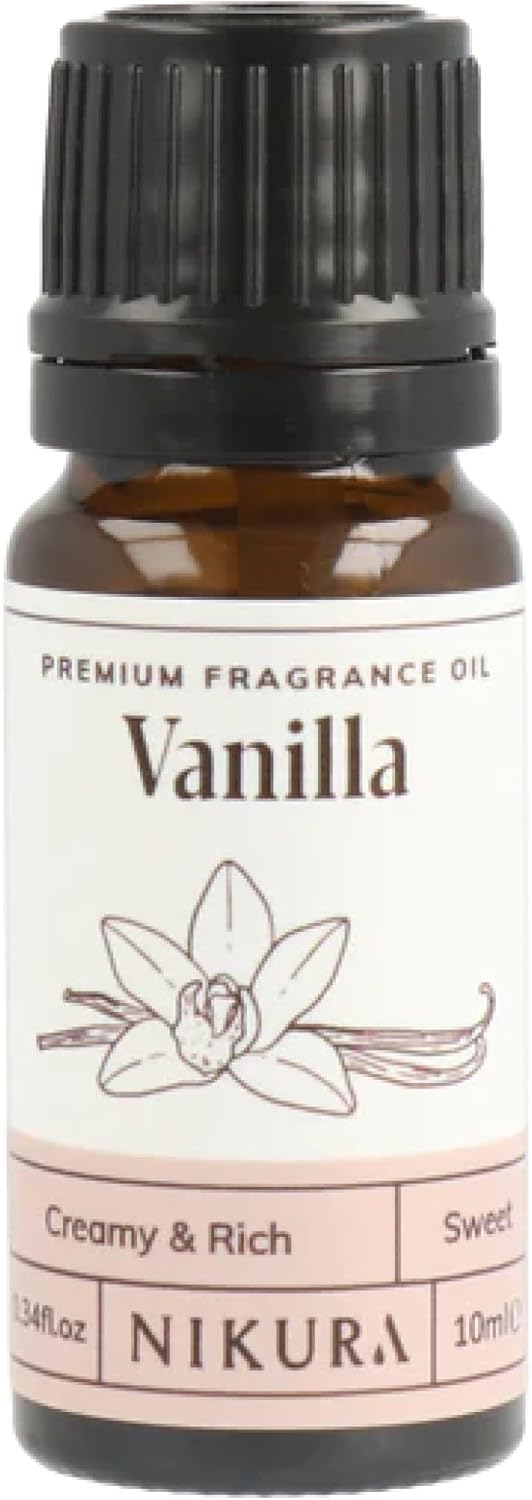 Nikura | Vanilla Fragrance Oil - 10ml | Perfect for Soap Making, Candle Making, Wax Melts, Diffuser | Great for use in Bath Bombs, Perfume Oil, Perfume Scents, Potpourri | Vegan & UK Made